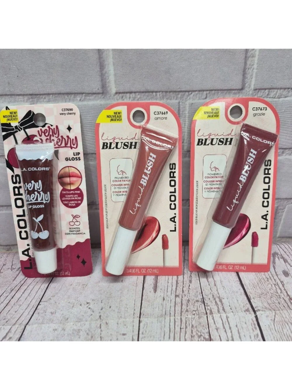 3pc LA Colors Very Cherry Lip‎ Gloss & Liquid Blush Amore, Grazie